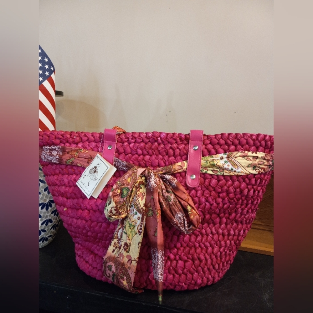Isabella's Journey Pink Woven Tote Bag with Scarf Accent